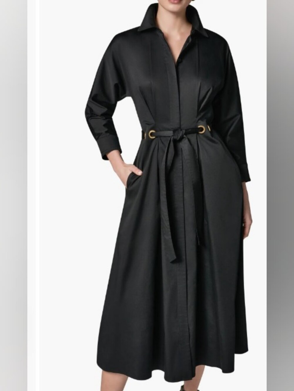 Donna Karan Drawstring Waist Stretch Cotton Black Midi Shirtdress Size 6 NWOT - Picture 3 of 12